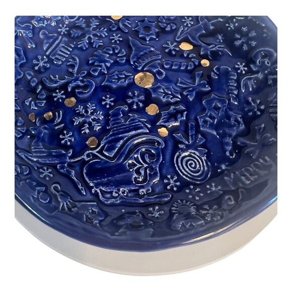 Snowflakes, Reindeer, Santa & Christmas Trees Pottery Ring Dish in Blue - Picture 6 of 7